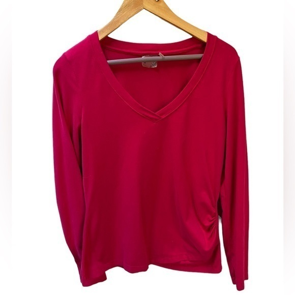 ATHLETA women’s long sleeve pink vneck stretch hot pink stretch shirt top M - Picture 1 of 7